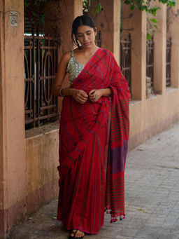 Soulweaves - Red Stripes Saree with Unstitched Blouse