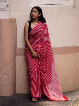Soulweaves - Red White Stripes Saree with Unstitched Blouse