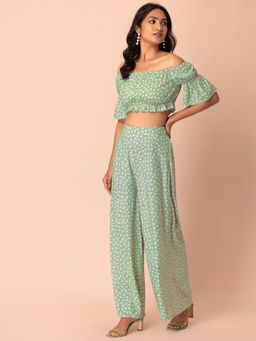 Indya - Green Geo Off Shoulder Crop Top and Palazzo Pants (Set of 2)