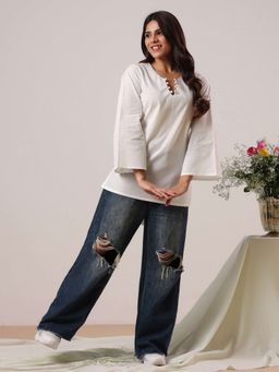 Rimeline - Women Solid V- Neck Three Quarter Sleeves Pure Cotton Kurti