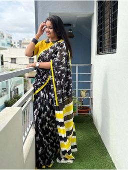AMRUTKALA SAREES - Black Designer Linen Printed Saree and Unstitched Blouse Piece