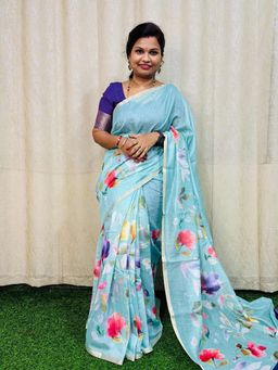 AMRUTKALA SAREES - Blue Designer Linen Printed Saree and Unstitched Blouse Piece
