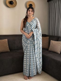 AMRUTKALA SAREES - Grey Designer Linen Printed Saree and Unstitched Blouse Piece