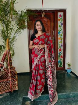 AMRUTKALA SAREES - Red Designer Linen Printed Saree and Unstitched Blouse Piece