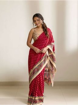 AMRUTKALA SAREES - Red Designer Linen Printed Saree and Unstitched Blouse Piece