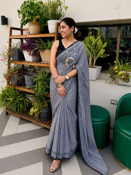 AMRUTKALA SAREES - Grey Designer Linen Printed Saree and Unstitched Blouse Piece
