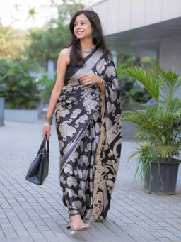 AMRUTKALA SAREES - Black Designer Linen Printed Saree and Unstitched Blouse Piece