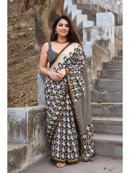 AMRUTKALA SAREES - Black Designer Linen Printed Saree and Unstitched Blouse Piece