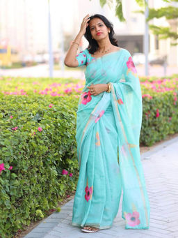 AMRUTKALA SAREES - Blue Designer Linen Printed Saree and Unstitched Blouse Piece