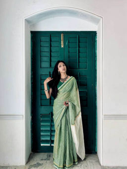 AMRUTKALA SAREES - Green Designer Linen Printed Saree and Unstitched Blouse Piece