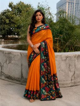 AMRUTKALA SAREES - Orange Designer Linen Printed Saree and Unstitched Blouse Piece