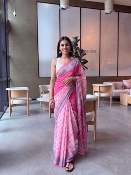 AMRUTKALA SAREES - Pink Designer Linen Printed Saree and Unstitched Blouse Piece