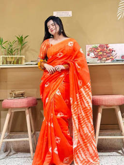 AMRUTKALA SAREES - Orange Designer Linen Printed Saree and Unstitched Blouse Piece