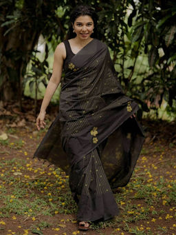 AMRUTKALA SAREES - Black Designer Linen Printed Saree and Unstitched Blouse Piece