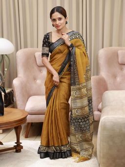 AMRUTKALA SAREES - Mustard Designer Linen Printed Saree and Unstitched Blouse Piece