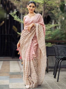 AMRUTKALA SAREES - Peach Designer Linen Printed Saree and Unstitched Blouse Piece