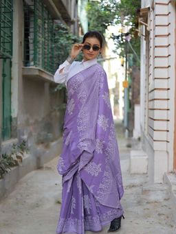 AMRUTKALA SAREES - Purple Designer Linen Printed Saree and Unstitched Blouse Piece