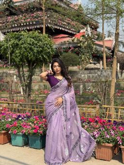 AMRUTKALA SAREES - Purple Designer Linen Printed Saree and Unstitched Blouse Piece