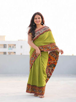 AMRUTKALA SAREES - Green Designer Linen Printed Saree and Unstitched Blouse Piece