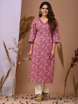 Rimeline - Women Ethnic Motifs Printed V-Neck Pure Cotton Straight Kurta