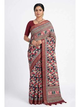 THE WEAVERS SHOP BY RAAVI - Women Maroon Geometric Printed Saree and Unstitched Blouse Piece