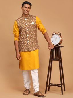 Vastramay - Mens Mustard - Green and White Cotton Blend Jacket - Kurta and Pyjama (Set of 3)