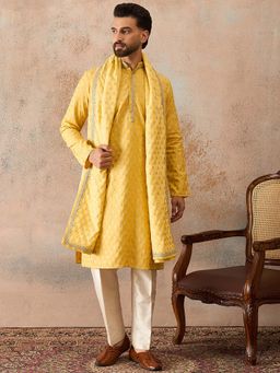 ETHNIC BAY - Men Yellow Chanderi Silk Full Sleeves Kurta with Pyjama and Dupatta