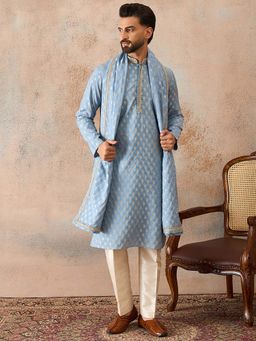 ETHNIC BAY - Men Blue Chanderi Silk Full Sleeves Kurta with Pyjama and Dupatta