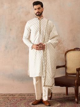 ETHNIC BAY - Men White Chanderi Silk Full Sleeves Kurta with Pyjama and Dupatta