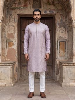 ETHNIC BAY - Men Lavender Silk Blend Full Sleeves Kurta with Pyjama