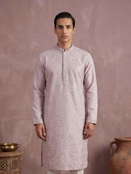 ETHNIC BAY - Men Lavender Silk Blend Full Sleeves Kurta with Pyjama