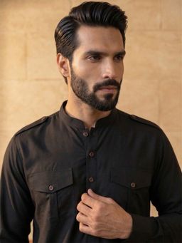 ETHNIC BAY - Men Black Viscose Rayon Full Sleeves Kurta with Pyjama
