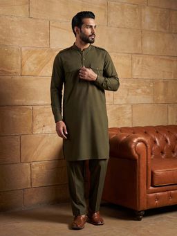 ETHNIC BAY - Men Olive Viscose Rayon Full Sleeves Kurta with Pyjama