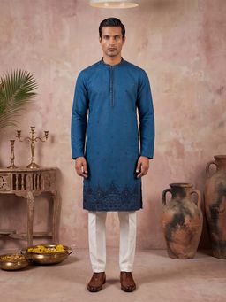 ETHNIC BAY - Men Blue Silk Blend Full Sleeves Kurta with Pyjama