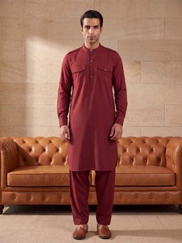 ETHNIC BAY - Men Red Viscose Rayon Full Sleeves Kurta with Pyjama