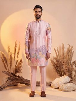 ETHNIC BAY - Men Pink Silk Blend Full Sleeves Kurta with Pyjama