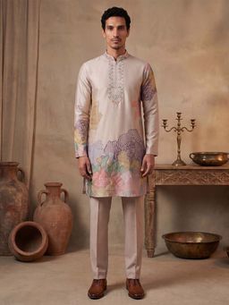ETHNIC BAY - Men Taupe Silk Blend Full Sleeves Kurta with Pyjama