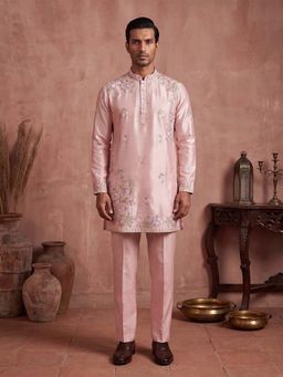 ETHNIC BAY - Men Pink Silk Blend Full Sleeves Kurta with Pyjama