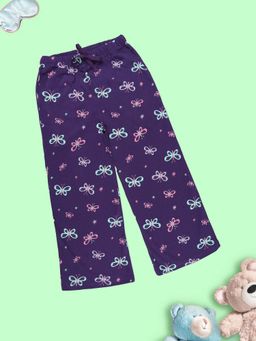 KiddoPanti - Purple Girls Cotton Knit All Over Printed Straight Leg Pyjama