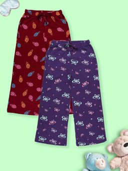 KiddoPanti - Multi-Color Girls Cotton Knit All Over Printed Pyjama (Pack of 2)