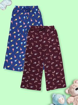 KiddoPanti - Multi-Color Girls Cotton Knit All Over Printed Pyjama (Pack of 2)
