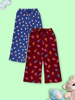 KiddoPanti - Multi-Color Girls Cotton Knit All Over Printed Pyjama (Pack of 2)