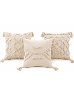 Bungalow and Beyond - Beige Boho Tufted Cotton Square Cushion Covers (Pack Of 3)