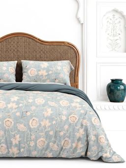 the White Moss - Blue Vintage Blossoms Pure Cotton 170TC Bedsheet with 2 Pillow Covers (King)