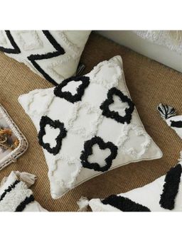 Bungalow and Beyond - White Geometric Tufted Cotton Square Cushion Cover