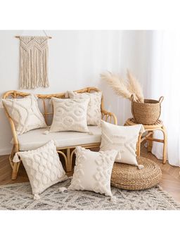 Bungalow and Beyond - Beige Boho Tufted Cotton Square Cushion Covers (Pack of 6)