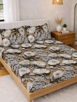 FABINALIV - Brown Floral 300TC Polycotton 7D Bedsheet with 2 Pillow Covers (King)
