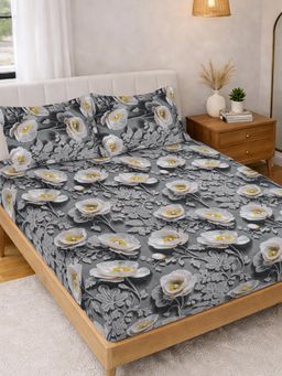 FABINALIV - Grey Floral 300TC Polycotton 7D Bedsheet with 2 Pillow Covers (King)