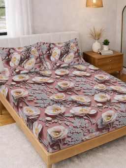 FABINALIV - Pink Floral 300TC Polycotton 7D Bedsheet with 2 Pillow Covers (King)