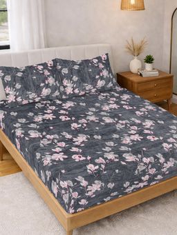 FABINALIV - Grey Floral 300TC Polycotton Bedsheet with 2 Pillow Covers (King)